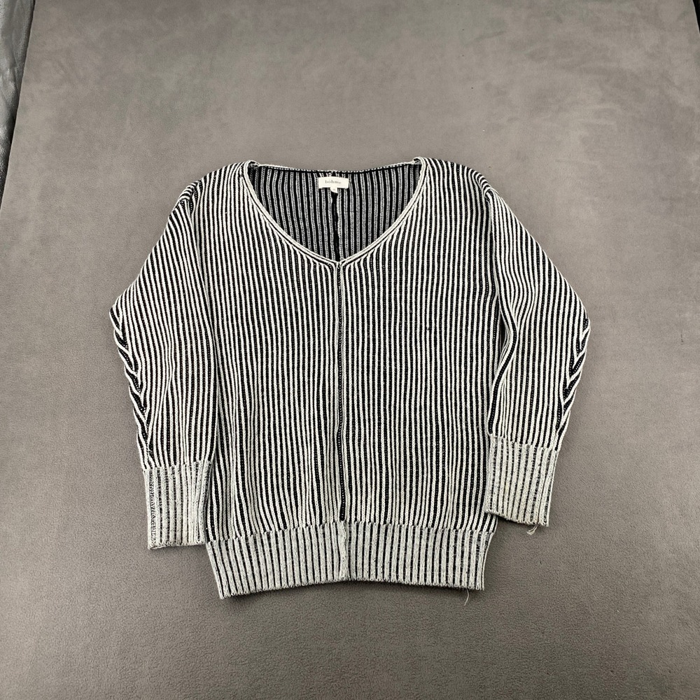 Böhme Black White Striped V-Neck Knit Sweater Womens Medium NT20125